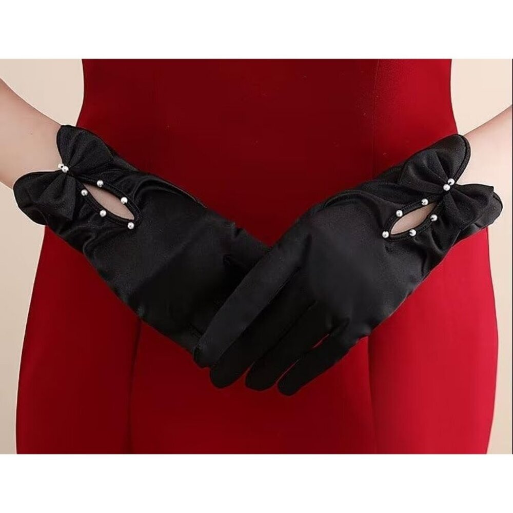 Women's White Short Satin Bow Gloves Flapper Halloween Party Tea Accessories - Picture 5 of 6
